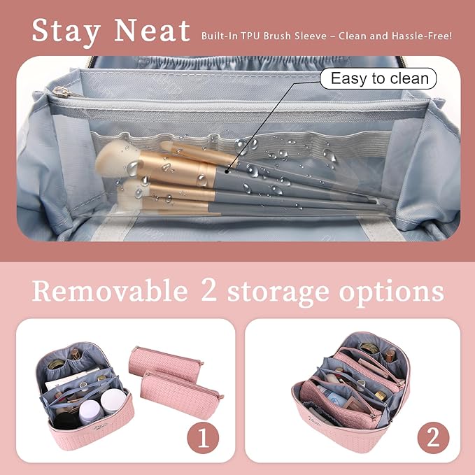 BOYATU Travel Makeup Bag Cosmetic Bags for Women: Large Capacity 3 Pcs Set Make up Bag with Compartments - Waterproof Vegan Leather Toiletry Organizer Bags with Handle (L39 Pink)