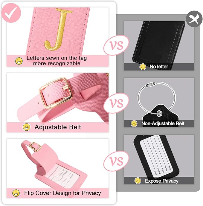 Personalized Initial Luggage Tags for Suitcases, Cute PU Leather Embroidered Letter Travel Luggage Tags, Suitcase Identifier Name Baggage Tag, Bag Tags for Men Women Kids Luggage Handbags(Pink J)