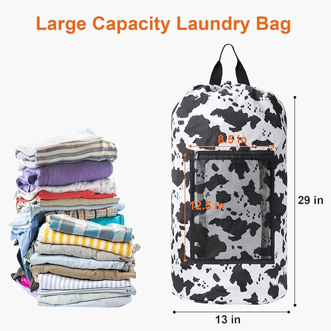 Laundry Bag Backpack Durable Laundry Bag with Shoulder Straps and Mesh Pockets Portable Laundry Dirty Clothes Hamper Bag for College Dorm (Cow Print)