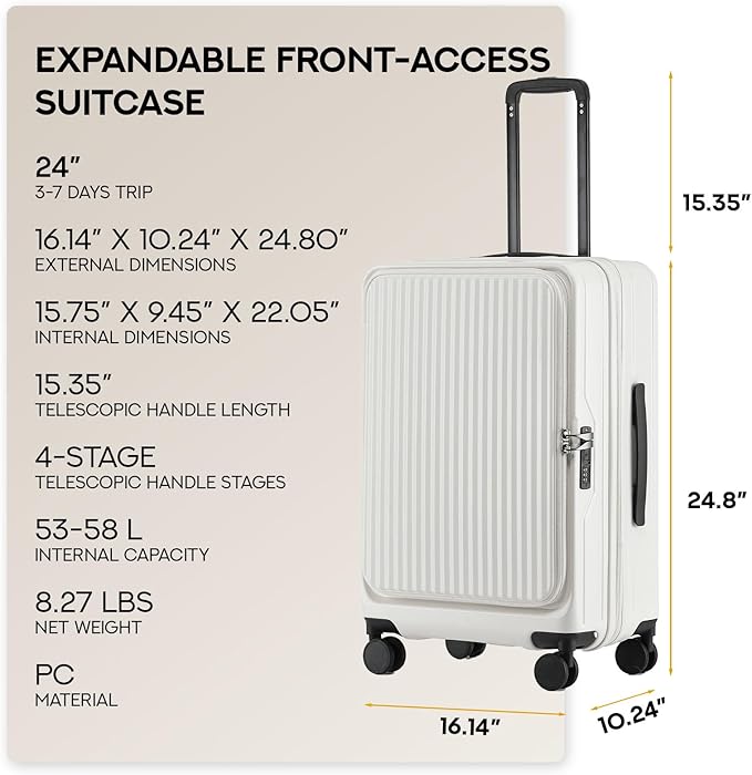 24 Inch Top Opening Expandable Checked Travel Luggage with Spinner Wheels,All PC Hard Shell Hardside Lightweight Medium Suitcase with TSA Approved Cup Holder for Business Trips Woman Men,White