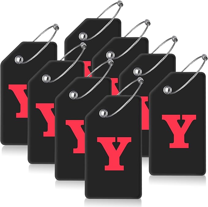 Gostwo 8 Pack Luggage Tags for Suitcases, 26 Initial Letter Travel Luggage Baggage Identification Labels ID Tags Fully Bendable Tags with Stainless Steel Loop (Letter Y, Black)