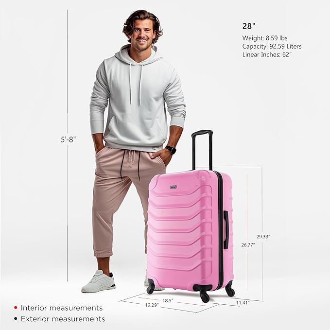 InUSA ENDURANCE Luggage with Spinner Wheels | Durable Lightweight Hardside Suitcase, Spacious Travel Bag with Handle and Trolley | 28-Inch Large Checked Luggage | Pink