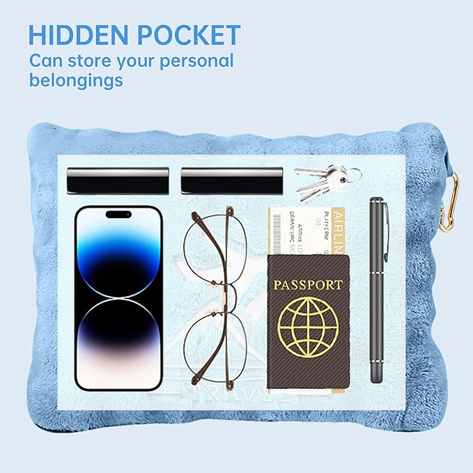 Travel Blanket and Pillow-2-in-1, Ultra-Soft&Compact, Airplane Blanket with Hand Luggage Belt and Backpack Clip,Travelers Accessories Gifts, 61x43 Inches（Blue）