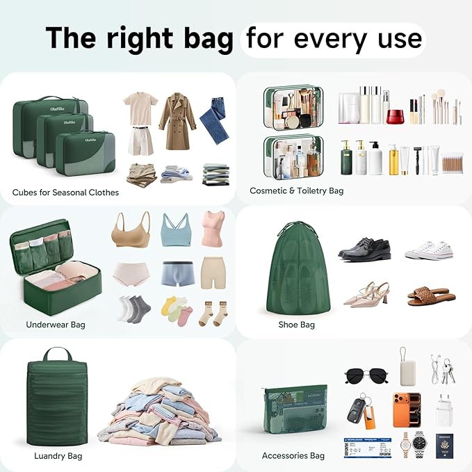 11 Set / 9 Set Packing Cubes for Travel,Gifts for Women Mom Kids,TSA Approved Bags for Makeup, Cosmetic, Toiletry, Organizers for Suitcase Carry On,Cruise Essentials Airplane Accessories,Dark Green