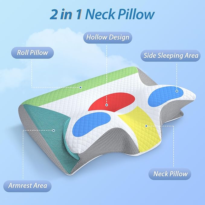 HOMCA Memory Foam Cervical Pillow, 2 in 1 Ergonomic Contour Orthopedic Pillow for Neck Pain, Contoured Support Pillows for Side Back Stomach Sleepers