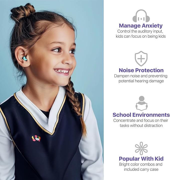 Kids Ear Plugs (6+yrs) - Reusable Everyday Noise Relief Earplugs for Small Ear Canal, Kids Ear Protection for Concerts, Travel, Focus, Socializing, School, Sleep, Sensitivity – 26 dB Noise Reduction