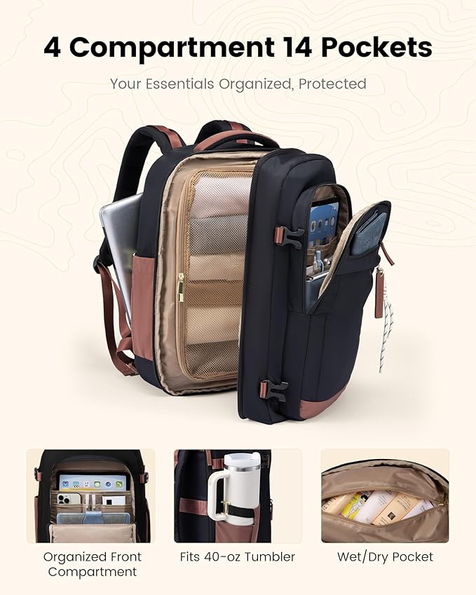 LOVEVOOK 40L Travel Backpack for Men & Women, Airline Approved Carry On Luggage, TSA Personal Item Bag fits 15.6 Inch Laptop, Waterproof Weekender Overnight Suitcase for Work, Black