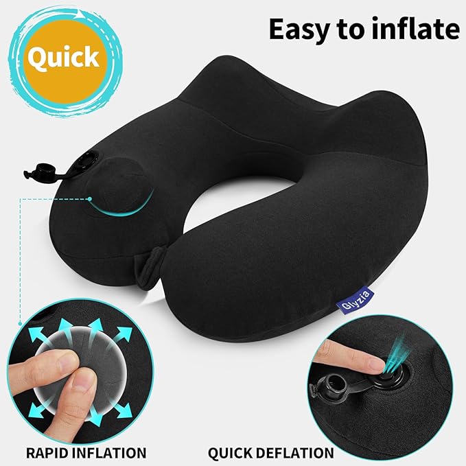 Inflatable Travel Neck Pillow for Airplane, Head Support Velvet Adult Neck Pillow for Long Flight, Kit with Eye Mask, Earplugs and Storage Bag,1, Black