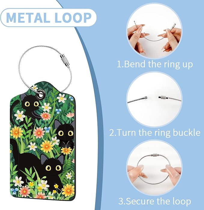 2 Pcs Luggage Tag for Suitcases, Black Cat Floral Cute PU Leather Suitcase Tag Privacy Cover ID Label with Metal Loop, Personalized Baggage Identifier for Women Cruise Bag Travel Essentials