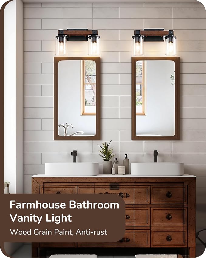 EDISHINE 2-Light Painted Wood Wall Sconces, Farmhouse Vanity Light Fixture | Clear Glass Shade, Up & Down Mounting Optional, E26 Base, Rustic Charm, Waterproof for Bedroom, Powder Room