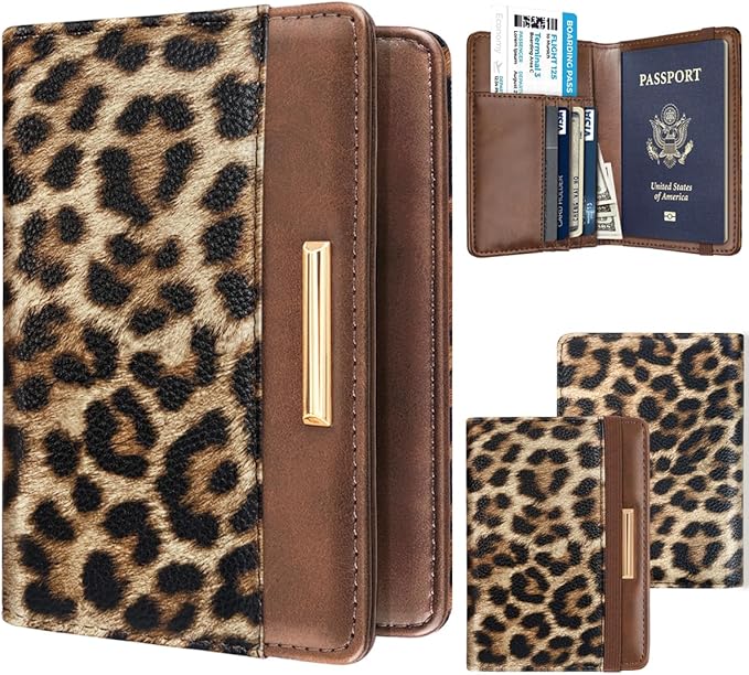 Coco Rossi Women's Leopard Print Passport Holder Cover with RFID Protection, 4 Card Slots, 1 Cash Holder, 1 Boarding Pass Holder