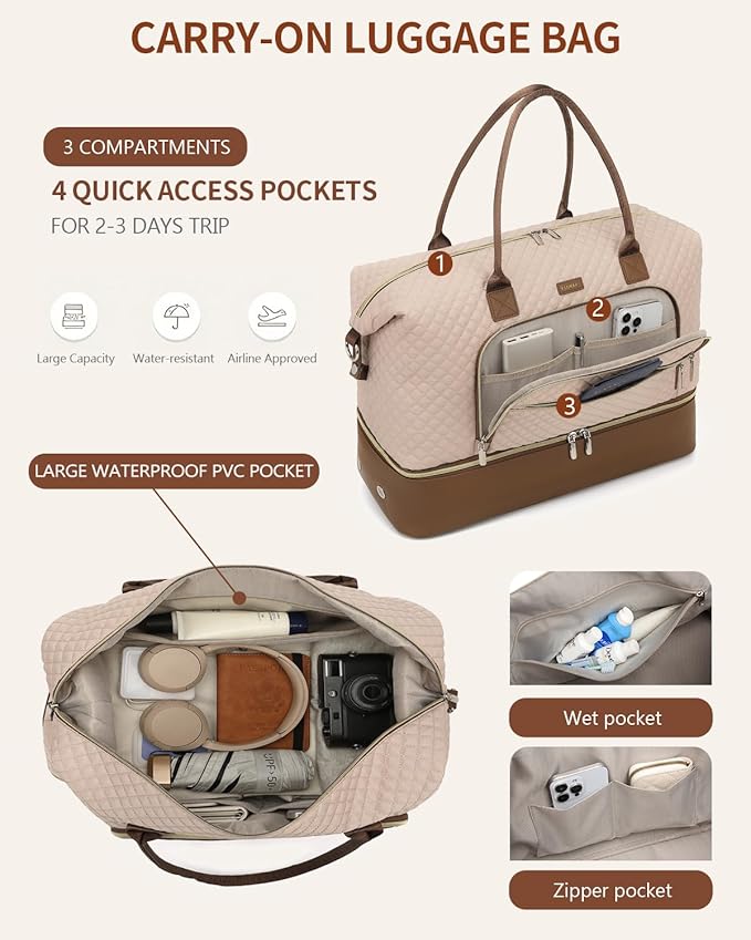 Duffle Bag for Women Travel, Weekender Bag Overnight Bag with Shoe Compartment, Carry on Bag with Crossbody Purse for Over Night, Weekend, Yoga, Gym, Business Trips, Hospital, Nude Brown
