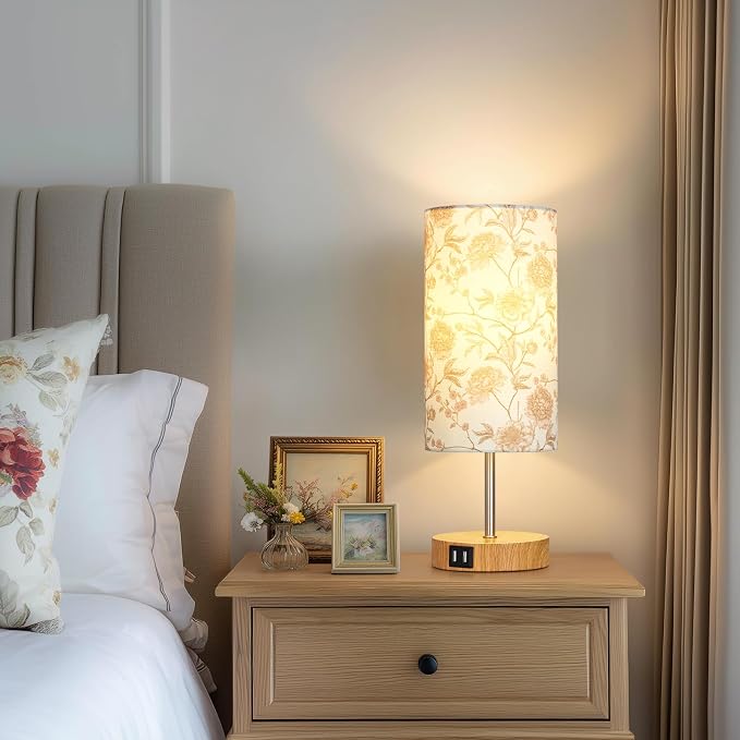CINSARY Bedside Touch Lamp with Flower Fabric Shade, 3 Way Dimmable Wood Bedroom Lamp for Nightstand with 2 USB Charging Ports, Small Table Lamp for Living Room Reading Desk (LED Bulb Included)