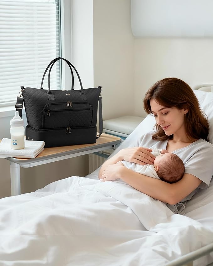 HOTOR Travel Duffle Bag for Women - Carry on Bag with Toiletry Pouch & Shoe Compartment, Large Overnight Weekender Bags for Gym, Business Trips, Sports and Hospital, Black, 18.1" x 8.7" x 15.8"