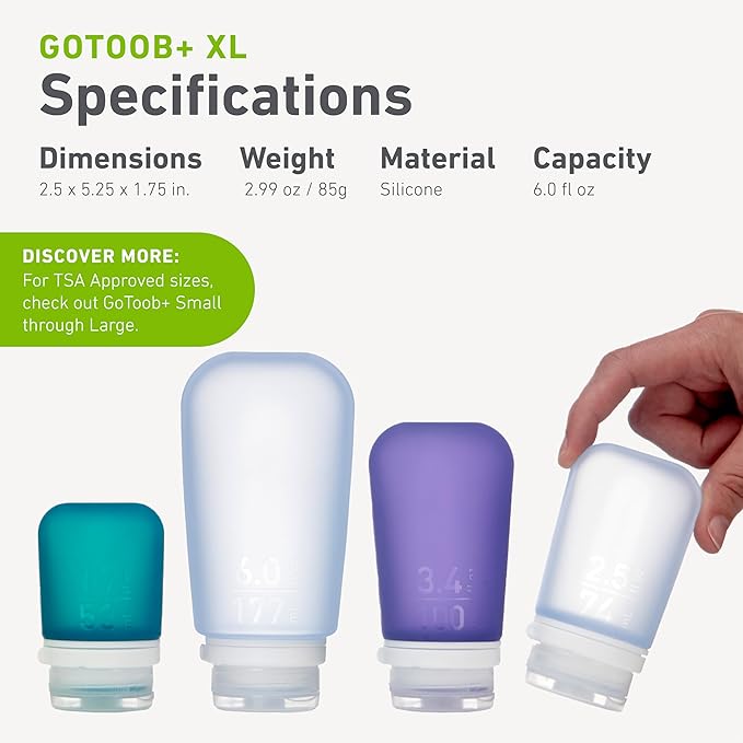 humangear GoToob+ (XL) | Refillable Silicone Travel Bottle | Locking Lid | Food-Safe Material | Green, XL (6 fl.oz.; 177ml)