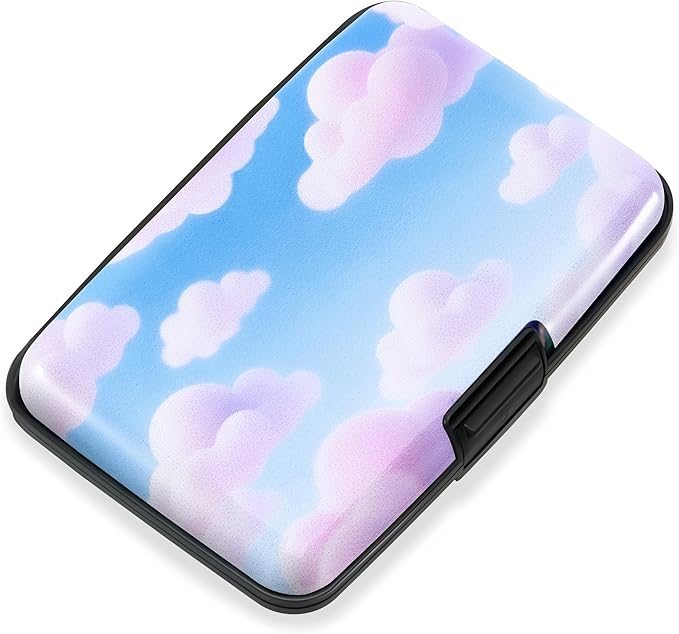 Mayski Credit Card Holder, RFID Blocking, Aluminum Alloy Hard Case, Small Mini Business Metal Wallet for Women Men, Pink Clouds