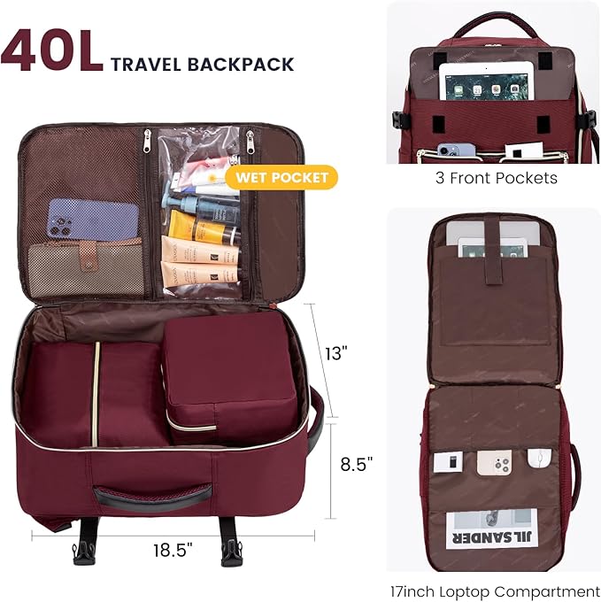 LOVEVOOK 40L Large Travel Backpack for Women, Flight Approved, Waterproof, TSA Compliant, Fits 17.3'' Laptop, 17 Pockets, 3 Packing Cubes