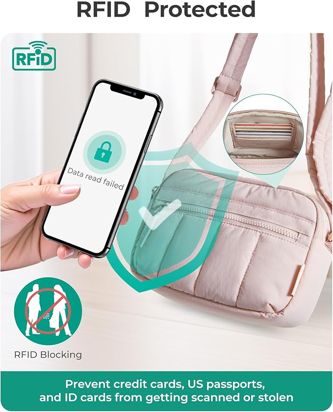 BAGSMART Cross Body Purse, Mini Crossbody Bags for Women Travel Purse, Puffy Shoulder Handbag Wallet with RFID Blocking Slots, Baby Pink-small