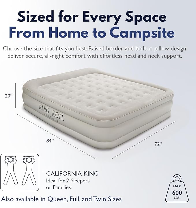 King Koil Luxury California King Air Mattress with Built-in Pump for Home, Camping & Guests - 20” King Size Inflatable Airbed Luxury Double High Adjustable Blow Up Mattress, Durable Waterproof