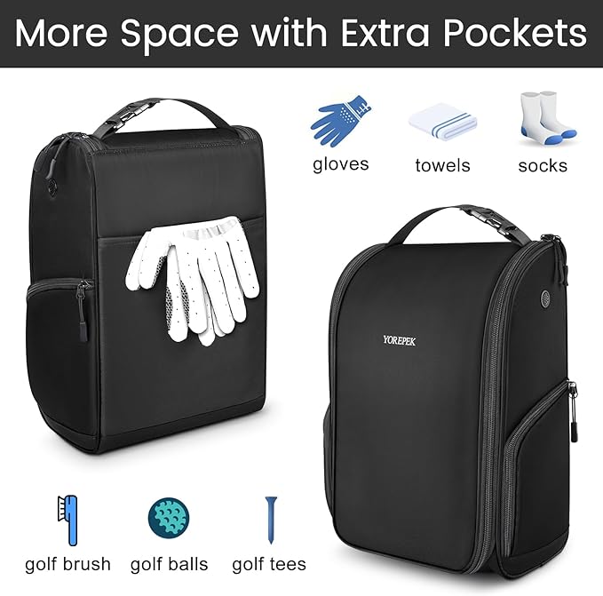 YOREPEK Golf Shoe Bag, Golf Accessories Bag with 3 Pockets for Socks, Tees, Balls, Designed with a Buckle Top Carry Handle, Zippered Sport Shoe Carrier Bags with Ventilation, Golf Gifts for Men, Black