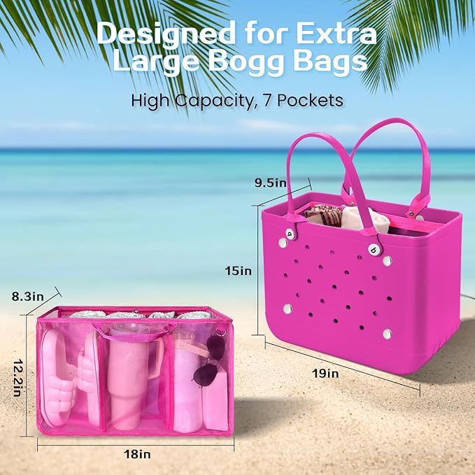 XYFuuee Beach Bag Organizer Inserts for Original Large Bogg Bag Accessories with 8 Removable Metal Fasteners, Lightweight Mesh Insert Divider Pouch, Organizing Rubber Tote, Save Space, Hot Pink XL