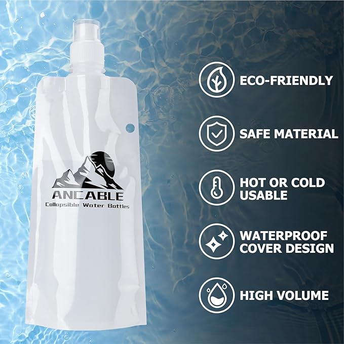 Ancable 17oz Collapsible Water Bottles, 3-Pack Reusable Travel Foldable Water Bottles for Hiking Camping Running Bike, BPA-Free Water Bottle, White