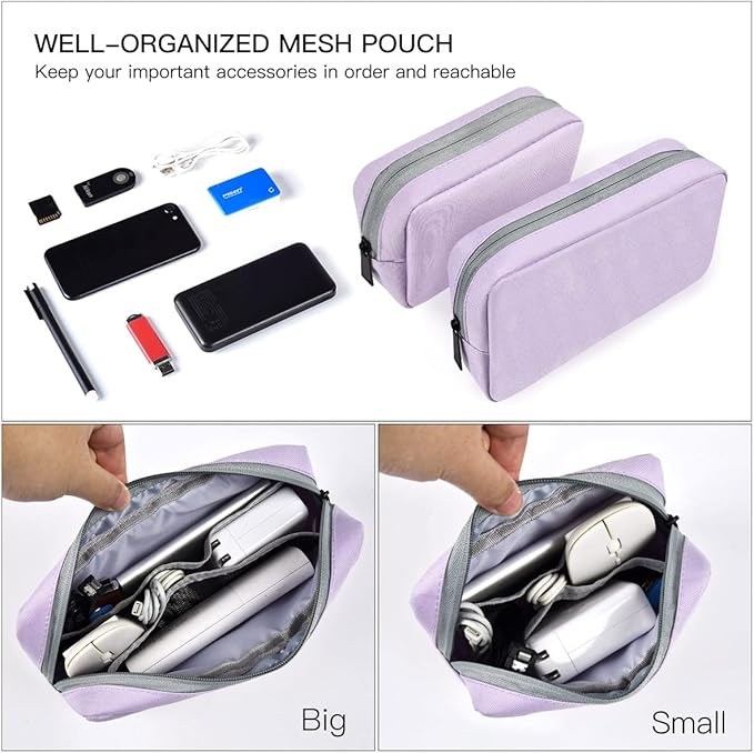 Universal Electronics Accessories Bag Pouch, 2-Pack Portable Soft Carrying Case Bag Wire Cable Organizer for Hard Drive, Power Adapter, Laptop Mouse, Cosmetics Kit, Cell Phone, Small+Big-Purple