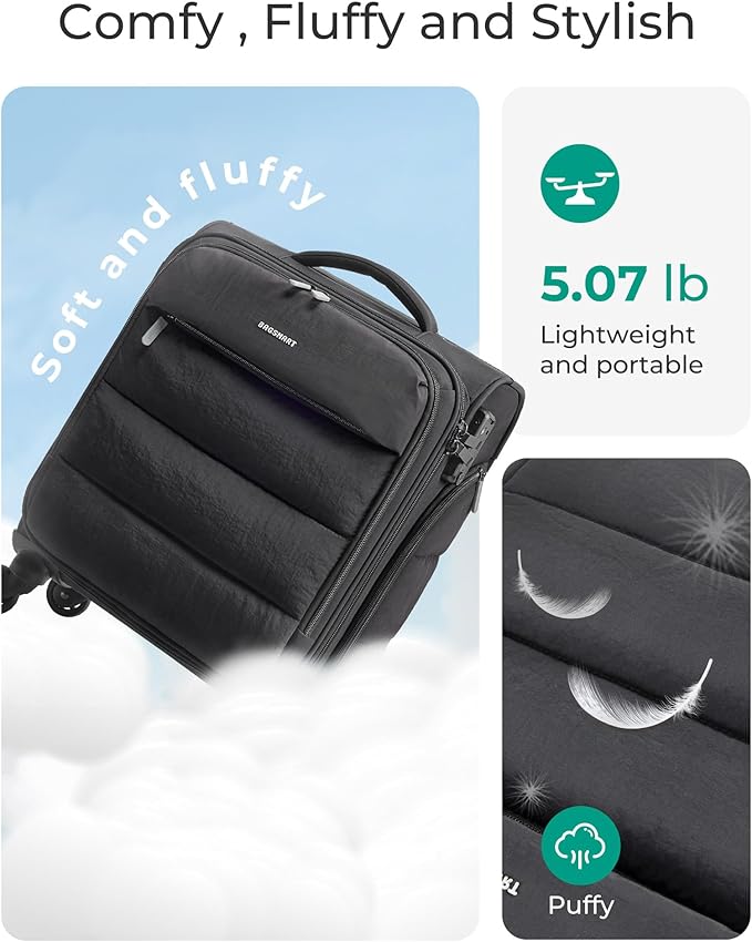 BAGSMART Underseat Carry on Luggage with Wheels, Soft Small Travel Luggage with PVC Wet/Dry Pockets, Lightweight Soft Personal Item Suitcase for Short Trip, Black