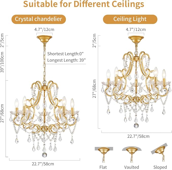 Crystal Chandelier, 5-Light Gold Chandelier for Dining Room Light Fixture, K9 Crystal Pendant Ceiling Light Fixture, Modern Candle Chandelier for Living Room Kitchen Island Entryway Bedroom