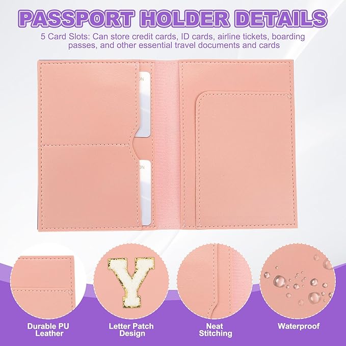 PATIKIL Passport Holder for Travel, Initial Passport Cover and Luggage Tag Set with Alphabet Chenille Letter Patch Travel Wallet Bag Suitcase Identifier for Women Family Travel Pink Y