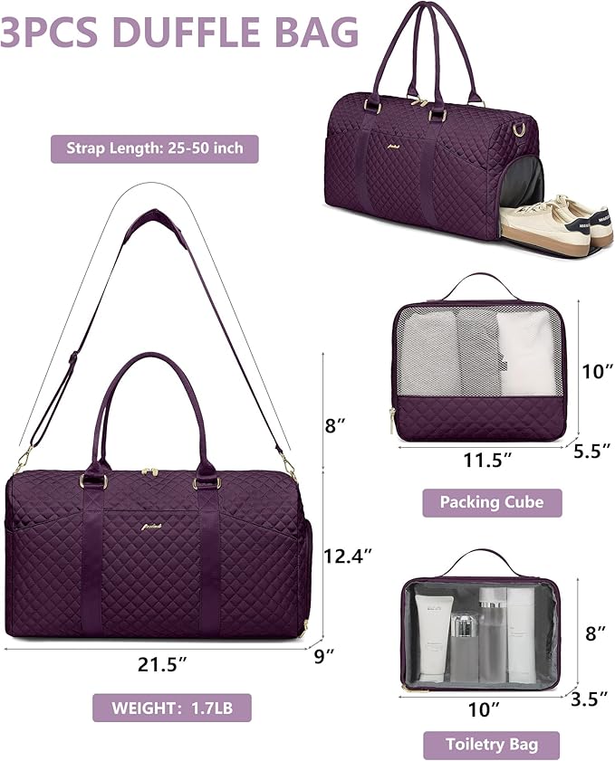 Women Weekender Travel Duffle Bag: Travel Duffel Overnight Bags with Shoe Compartment Large Carry on Tote with Toiletry Bag Weekend Traveling Yoga Gym Hospital Bag for Women with Wet Pocket 3 PCS Set