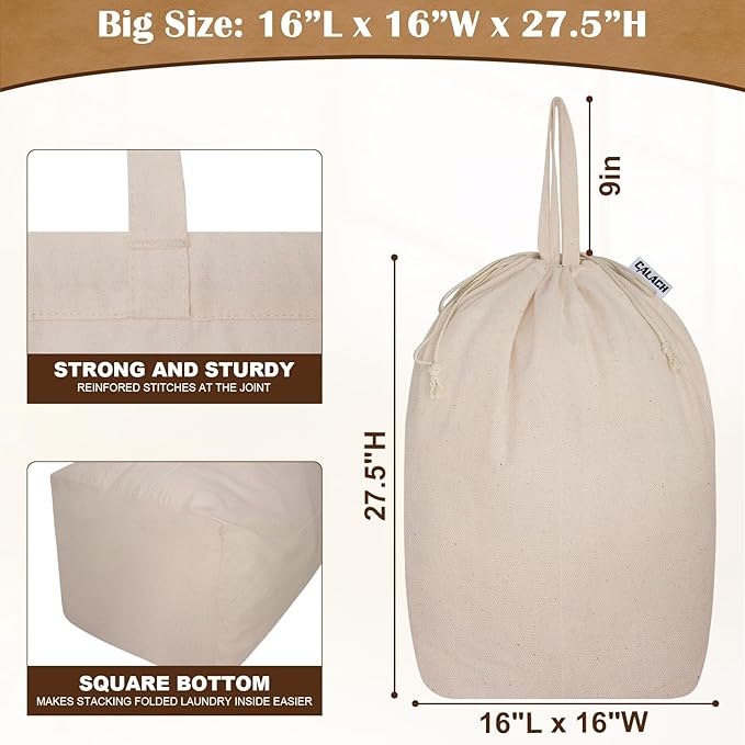 Cotton Canvas Laundry Bags with Handles & Square Base 16"Lx16"Wx27.6"H, Extra Large Heavy Duty Laundry Basket Hamper Liner, Washable Drawstring Dirty Clothes Bag Cotton Storage Sack (Natural,1 Pack)