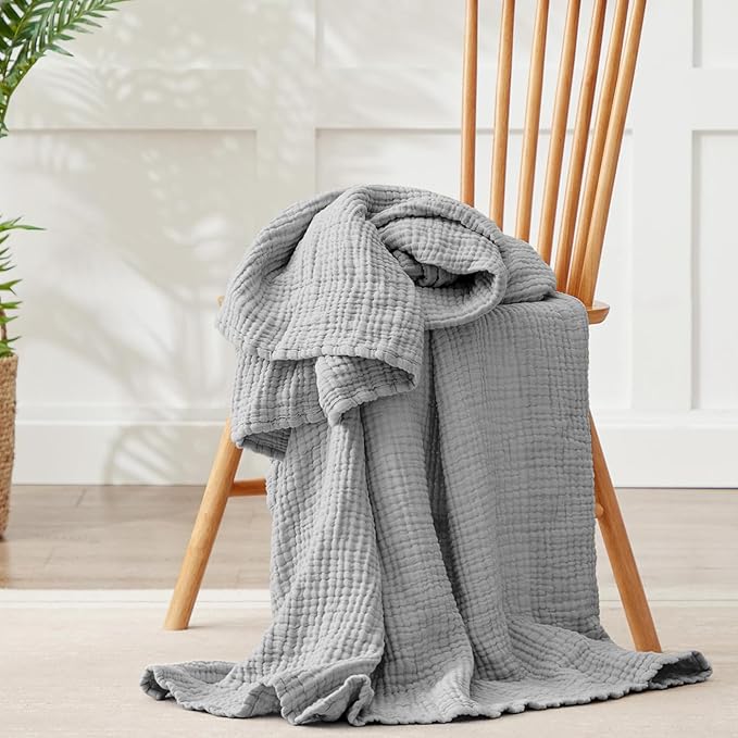 100% Cotton Muslin Blanket Twin 66" x 90", Breathable and Lightweight Cotton Twin Blankets for Couch, Soft Cooling Summer Gauze Blanket for Adults All Season, Light Grey