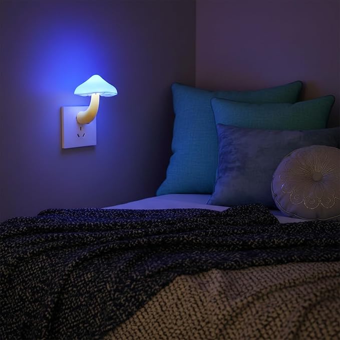 LED Mushroom Night Light Plug in Lamp, Blue Night Lights Plug into Wall, Dusk to Dawn Sensor NightLight for Adults Kids Room Bedroom Bathroom Hallway Kitchen