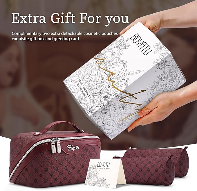 BOYATU Travel Makeup Bag Cosmetic Bags for Women: 3 Pcs Set Large Capacity Make up Bag with Handle - Vegan Leather Toiletry Bags with Compartments - Makeup Organizer for Travel Essentials(A-10-Red)