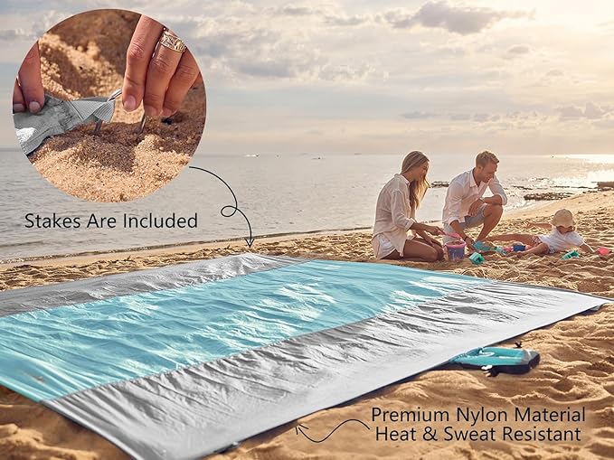 WEKAPO Beach Blanket Sandproof Waterproof, Extra Large Beach Mat, Oversized & Compact Sand Free, Quick Drying Beach Essentials for Vacation, Cruise, Picnic & Camping with Stakes