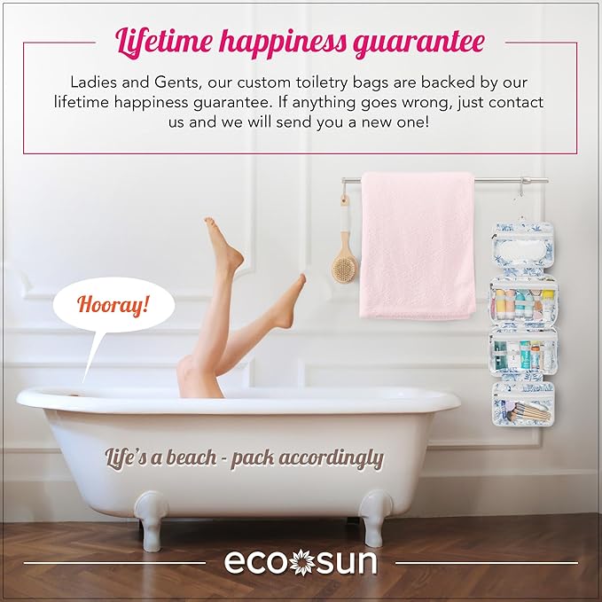 Eco Sun Hanging Travel Toiletry Bag — Designed in Hawaii — Water-resistant Travel Organizer for Bathroom Accessories (Baby Blue Safari)