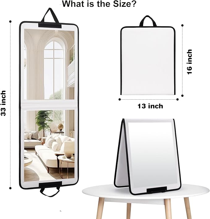 LPHUMEX Foldable Full Length Mirror White with Black Handles Hanging, 13x33 inch Portable Folding Body Mirror for Dance, Festival, Travel