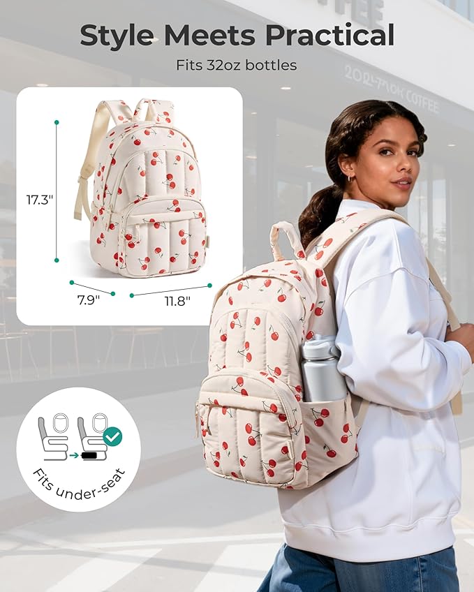 BAGSMAT Womens Backpack Small Travel Laptop Backpack for Women, Quilted College Laptop Bookbag, Work Back Pack for Women, Cute Computer Water-Resistant Casual Daypack,Strawberry Print