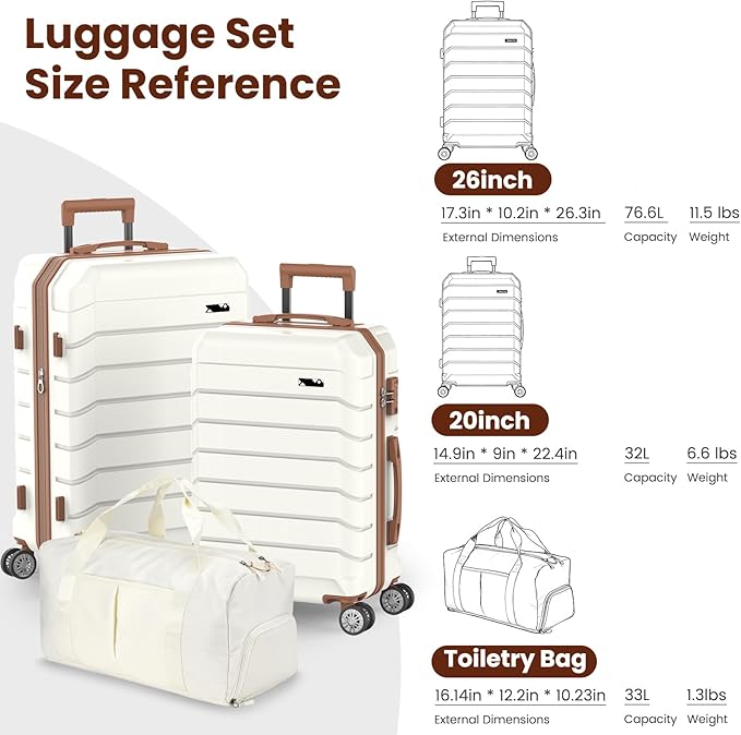 Luggage Sets 3 Piece, Hardside Carry On Suitcase with Spinner Wheels, Lightweight Durable Luggage for Travel | TSA Lock, Expandable Suitcase Set for Men and Women（20/26in） (White)