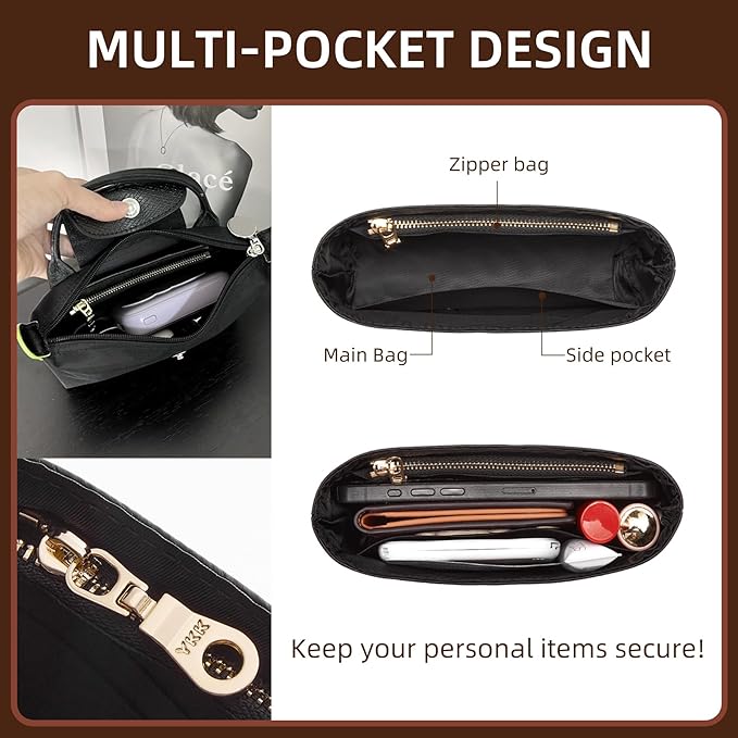Doxo Purse Organizer Insert for Longchamp Le Pliage XS and More, Lightweight Waterproof DupontPaper Bag Inner Linner Shaper, Keeps Bags Shaped & Neat(Full Blacke, Mini)