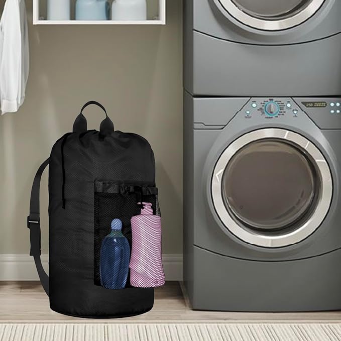 Laundry Bag Backpack Large Travel Laundry Backpack with Adjustable Shoulder Straps Portable Hamper Bag for College, Dorm, Apartment Camp(Black)