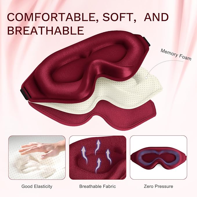 FlyCoco 99% Fully Block Out Light Eye Sleep Mask, 3D Deep Contoured Eyes Cover Zero Pressure, Long Lash Extension Eyes Mask with Adjustable Straps for Sleeping Travel Home Nap Rest Women Men (Red)