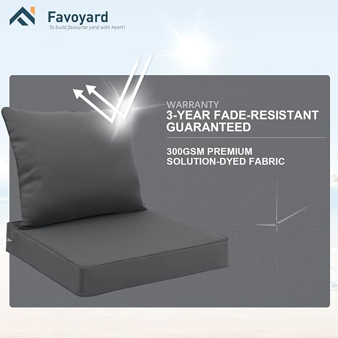 Favoyard Outdoor Seat Cushion Set 24 x 24 Inch Waterproof & Fade Resistant Patio Furniture Cushions with Removable Cover Deep Seat & Back Cushion with Tie Straps for Chair Sofa Couch