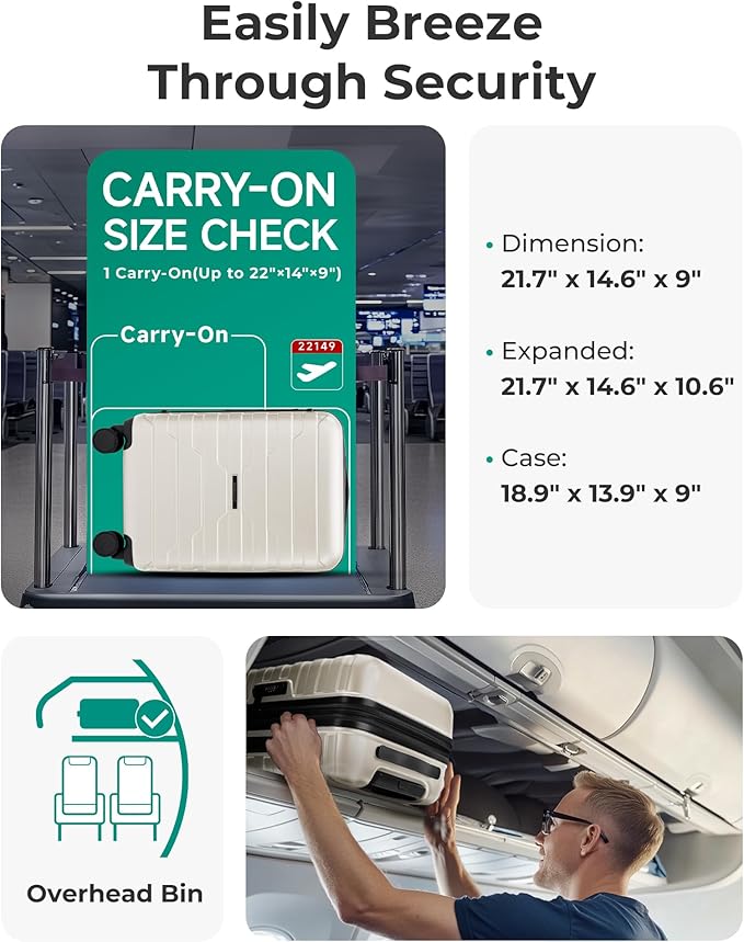 BAGSMART Carry On Luggage 22x14x9 Airline Approved with Spinner Wheels,Lightweight 20 Inch Luggage with TSA Lock,Expandable Hard Shell Carry On Suitcases for Men Women,White
