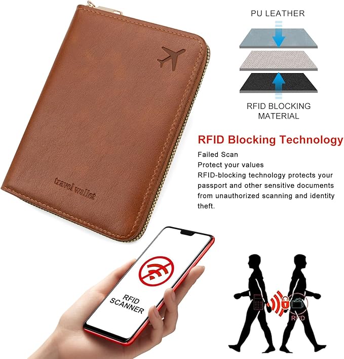 defway Passport Holder Travel Wallet - RFID Blocking Passport Holder Wallet, Full Zip Travel Card Cover with RFID Protection, Multi Slot Organizer for Cards Cash Documents Travel Essentials (Brown)