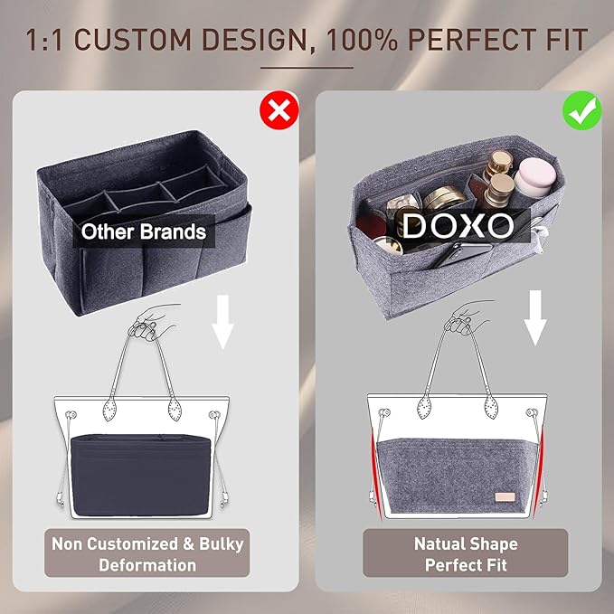Doxo Purse Organizer Insert Handbag & Tote Felt with Bag Fits for Speedy 30 and Neverfull MM & Base Shaper 2pc Set (Large-Gray-Combination)