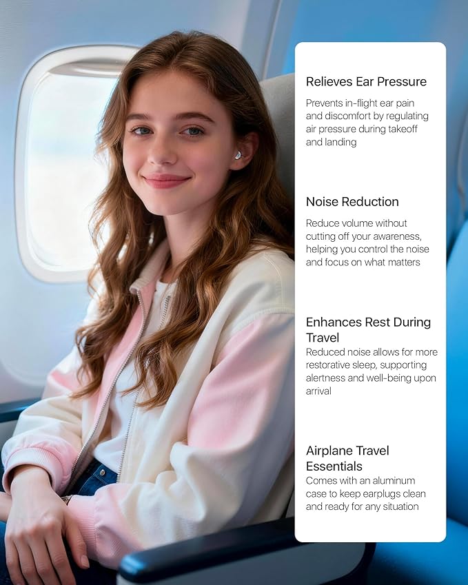 Airplane Ear Plugs Pressure Relief Earplugs 2 Pairs, Prevent Ear-Pain & Reduce Noise 25dB - Flight Essentials, Reusable Soft Plane Earbuds for Adult/Kids 12+, Travel Ear Protection Air Plugs