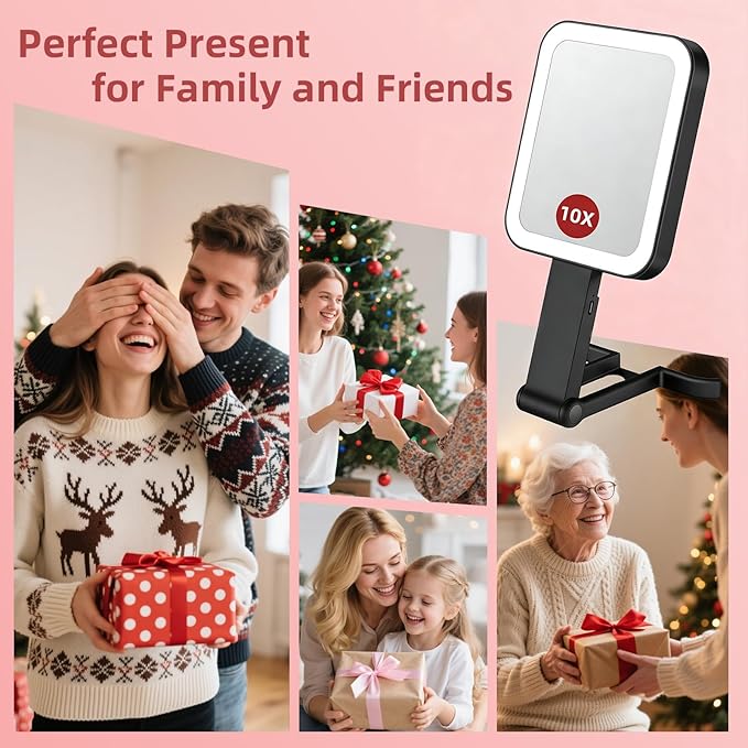Travel Mirror with Lights, Rechargeable Magnifying Mirror 10X/1X Double-Sided, 3 Color Lighting, Smart Touch Dimming, Precision Tweezers, Lighted Makeup Mirror for Desk, Trip, Office (10.3"x5.2")