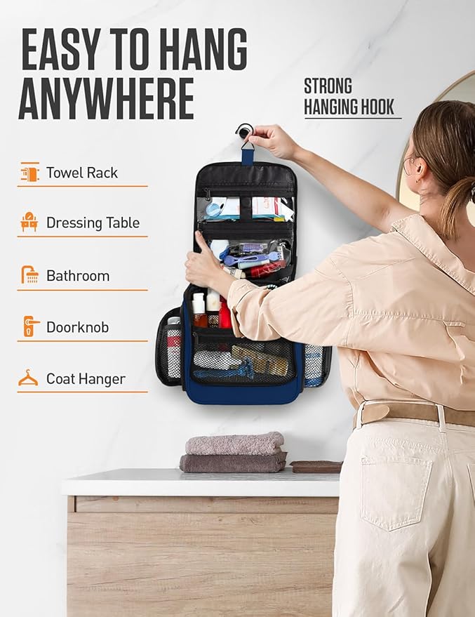 VENTURE 4TH Hanging Travel Toiletry Bag for Women & Men – Large Toiletry Organizer with 18 Compartments, Removable TSA Pouch, Travel Wash Bag for Toiletries, Makeup & Shaving Kit (Navy Blue)